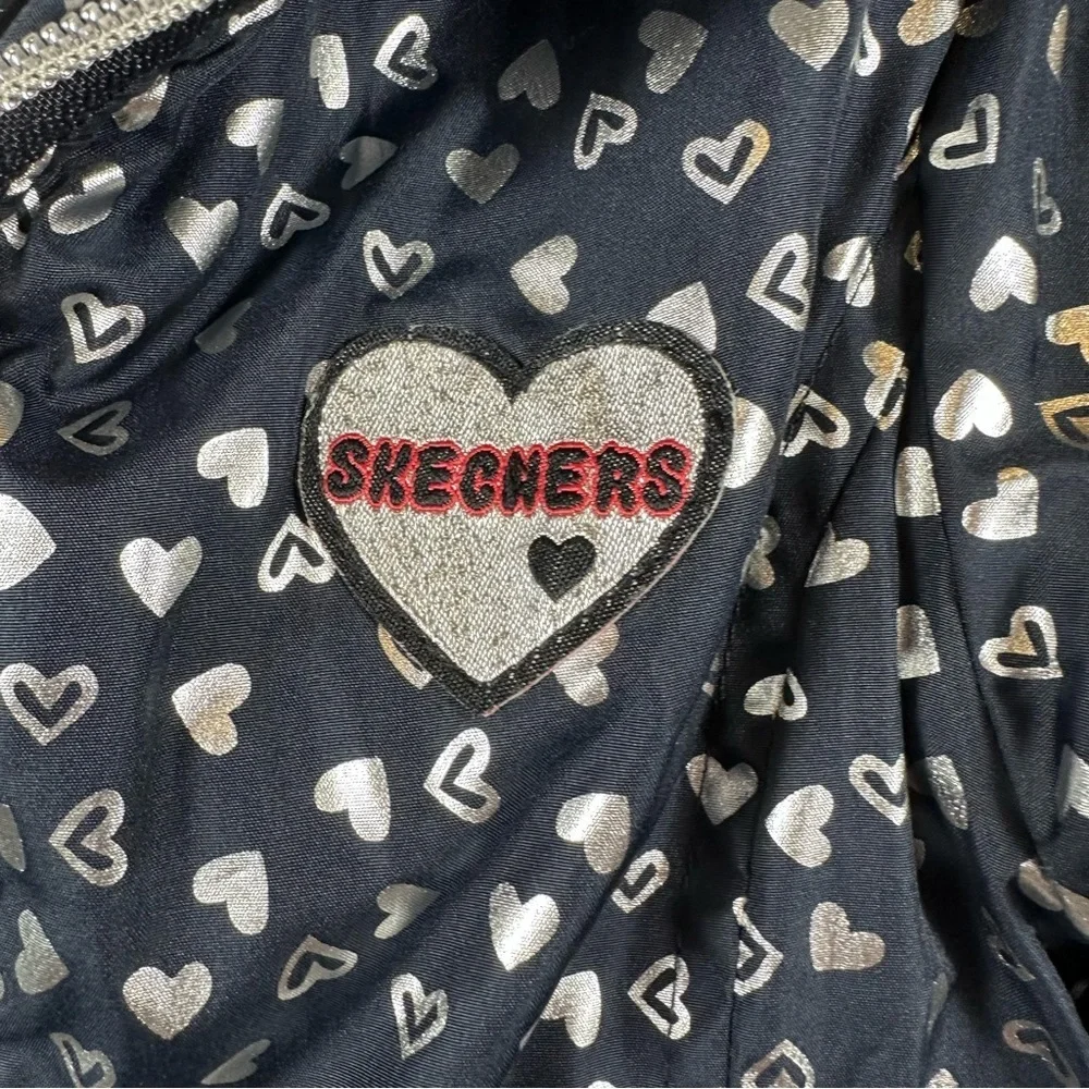 Skechers Girls Insulated Jacket Hooded  Faux Fur Silver Hearts Navy M (5-6)